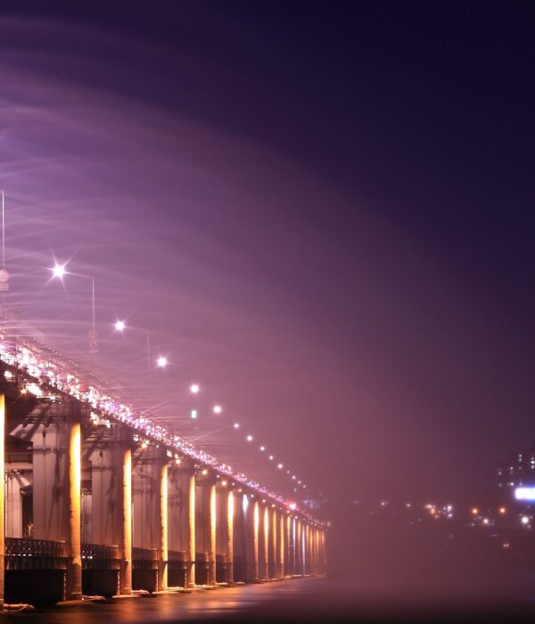 Night view of an illuminated bridge and city skyline, showcasing vibrant lights and urban architecture. 汉江野餐团, 盘浦汉江公园野餐垫, Some Sevit夜景, 彩虹喷泉表演, 便利店美食组合, 반포 한강공원 피크닉 매트, 세빛섬 야경, 무지개 분수 쇼, 편의점 꿀조합 미식, Han River Picnic Tour, Banpo Park picnic mat, Some Sevit night view, Rainbow Fountain show, convenience store spread, 盤浦漢江公園野餐墊, 漢江野餐團, 世貌島夜景, 彩虹噴泉表演, 便利商店美食組合