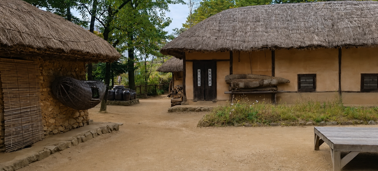 韓國民俗村之旅, 傳統村落全景, 茅草屋Choga,, 兩班宅邸, 熱鬧市集攤位, 韩国民俗村之旅, 传统村落全景, 茅草屋Choga, 两班宅邸, 热闹集市摊位, 한국민속촌 투어, 전통 마을 전경, 초가집, 양반가 저택, 활기찬 장터, Korean Folk Village Tour, traditional village view, thatched-roof Choga house, Yangban noble mansion, bustling market stall