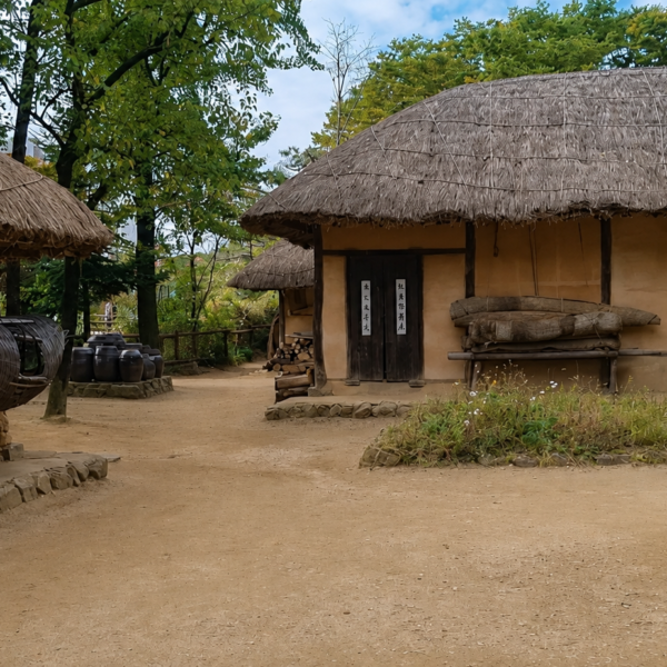 韓國民俗村之旅, 傳統村落全景, 茅草屋Choga,, 兩班宅邸, 熱鬧市集攤位, 韩国民俗村之旅, 传统村落全景, 茅草屋Choga, 两班宅邸, 热闹集市摊位, 한국민속촌 투어, 전통 마을 전경, 초가집, 양반가 저택, 활기찬 장터, Korean Folk Village Tour, traditional village view, thatched-roof Choga house, Yangban noble mansion, bustling market stall